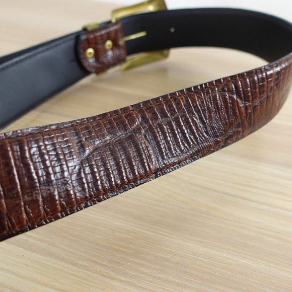 Vintage Belt Womens Crocodile Leather Faux XS Waist Dress Chunky Brass Buckle - Picture 8 of 14